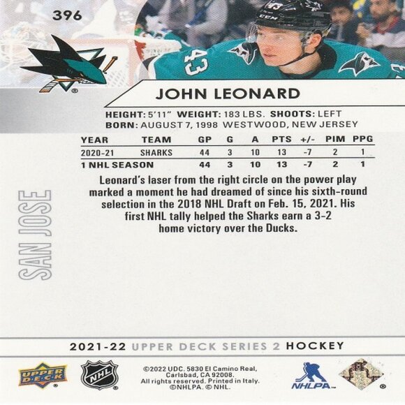John Leonard - 2021/2022 Upper Deck Series 2 Hockey Card - Picture 2 of 2